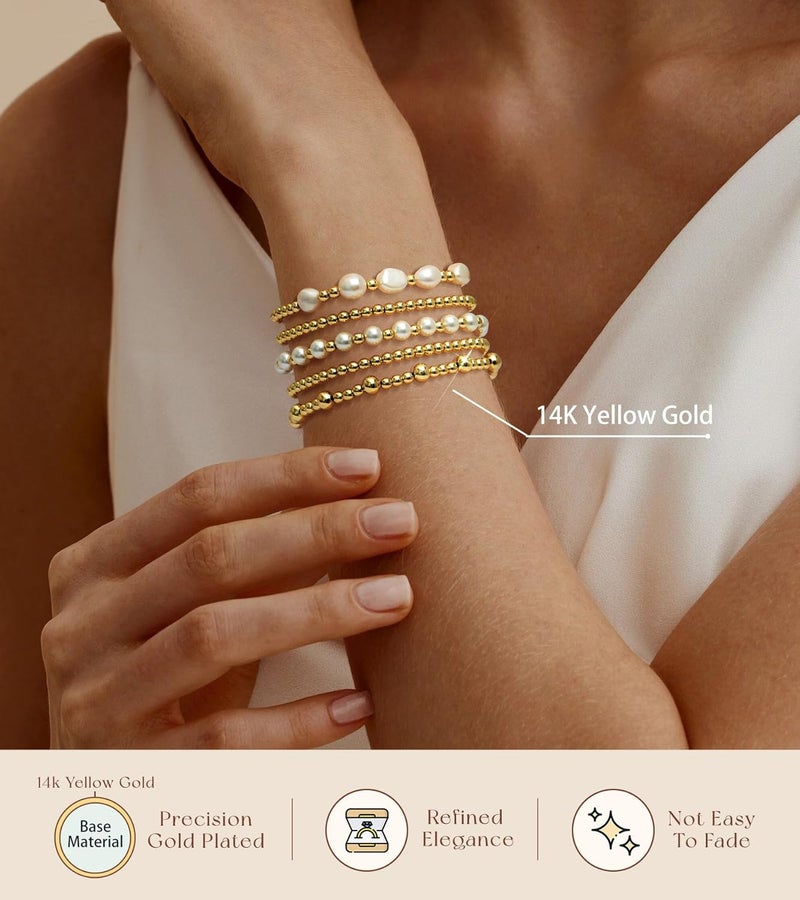 adoyi Gold Bracelets for Women Beaded Bracelet 14K Gold Plated Bracelet Stack Strand Stretch Bead Ball Bracelet Set Stackable Bracelet Adjustable Bracelet Set Jewelry for Gifts - Image 5